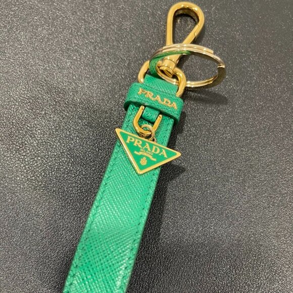 Prada Triangle Logo Leather Keychain Green/Gold (JB1069) - Picture 1 of 4